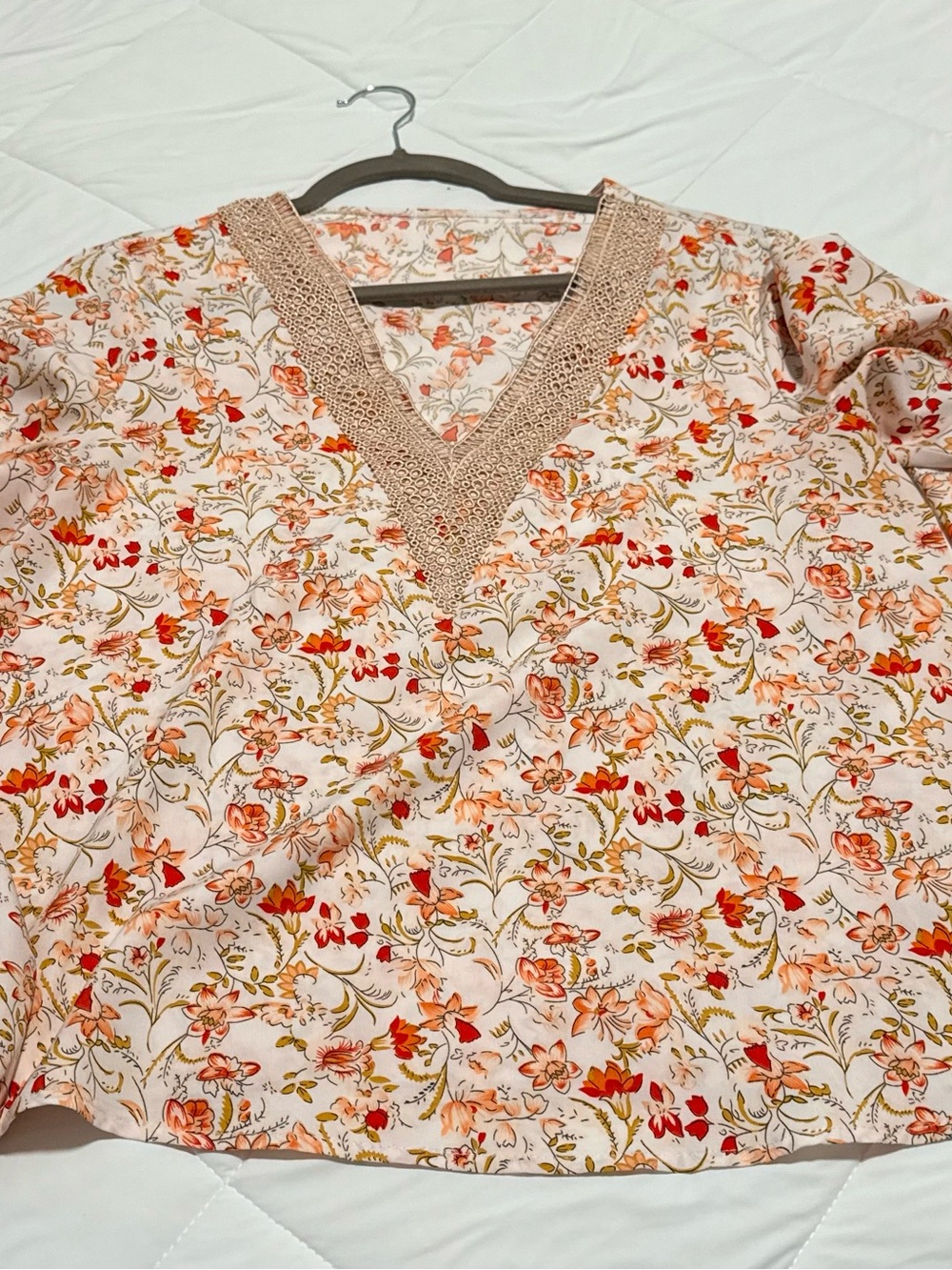SHEIN Cream Floral V-Neck Blouse with Crochet Trim